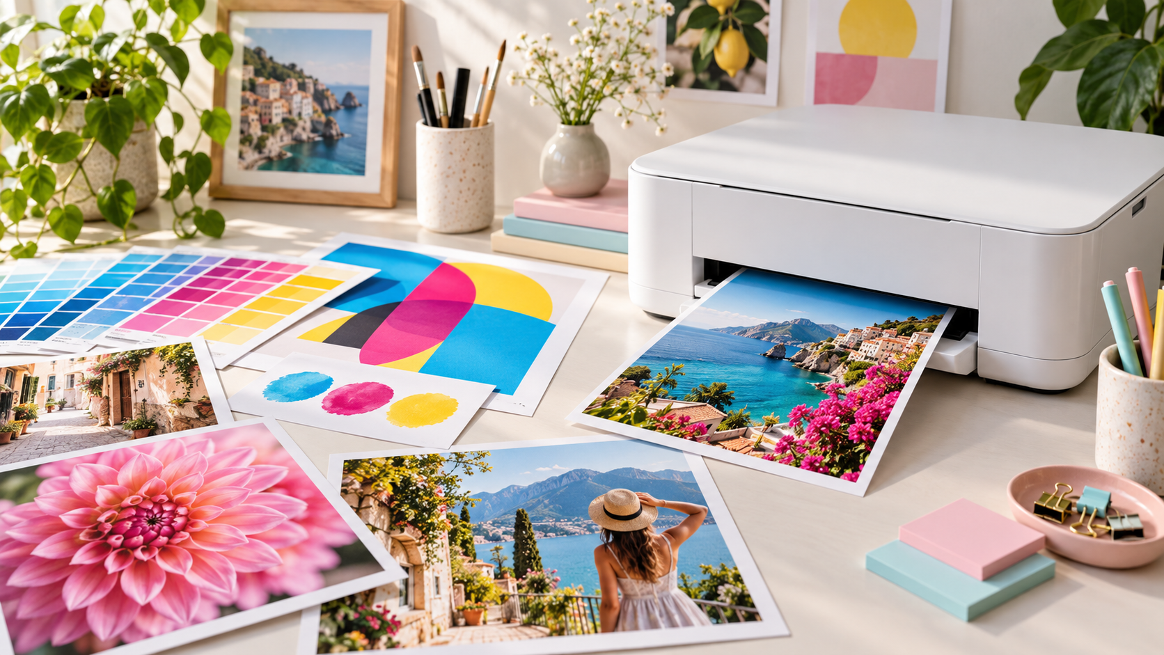 Kreativer Druckplatz mit Fotodrucken